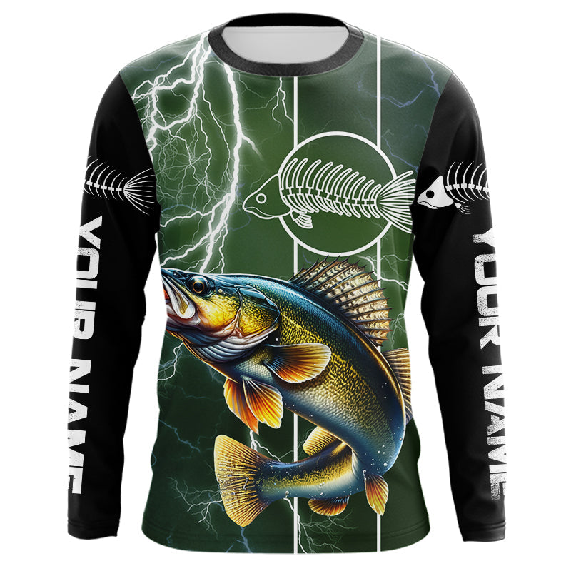 Walleye Fishing Custom Long sleeve Fishing Shirts, Walleye green lightning reaper Fishing jerseys NQS4016