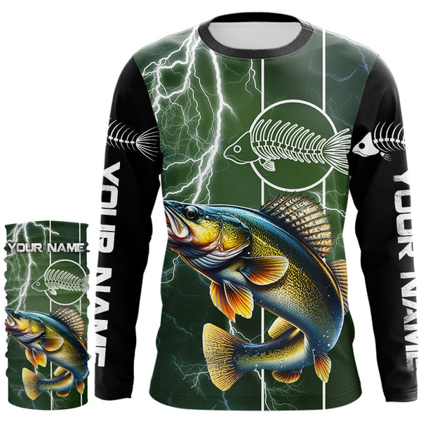 Walleye Fishing Custom Long sleeve Fishing Shirts, Walleye green lightning reaper Fishing jerseys NQS4016