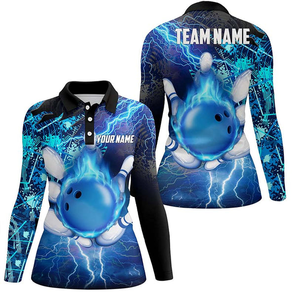 Women Bowling Polo Shirt Custom flame lightning thunder team bowling Jerseys for ladies | Blue NQS6507