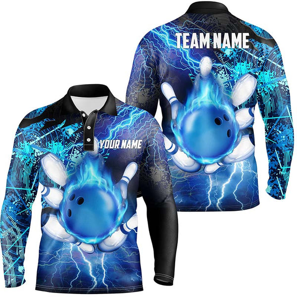 Men Bowling Polo Shirt Custom flame lightning thunder team bowling Jerseys for ladies | Blue NQS6507