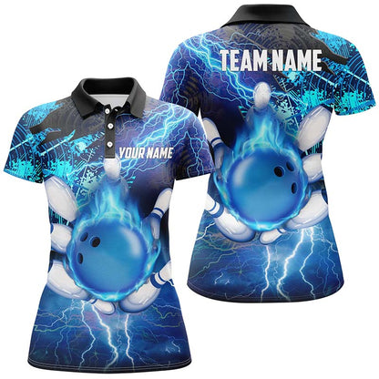 Women Bowling Polo Shirt Custom flame lightning thunder team bowling Jerseys for ladies | Blue NQS6507