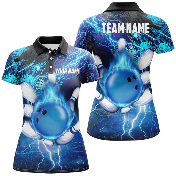 Women Bowling Polo Shirt Custom flame lightning thunder team bowling Jerseys for ladies | Blue NQS6507