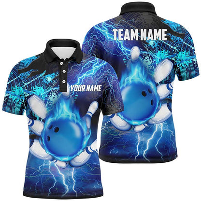 Men Bowling Polo Shirt Custom flame lightning thunder team bowling Jerseys for ladies | Blue NQS6507