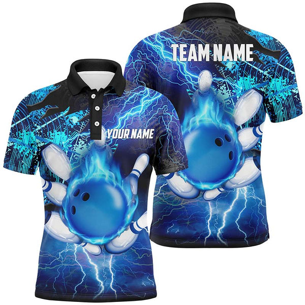 Men Bowling Polo Shirt Custom flame lightning thunder team bowling Jerseys for ladies | Blue NQS6507