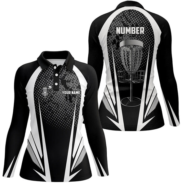 Womens disc golf polo shirt custom name, number black white disc golf jersey, womens disc golf apparel NQS6309
