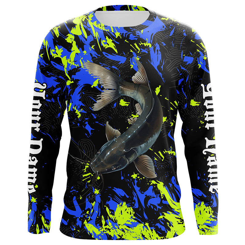 Catfish fishing green blue camo Custom UV protection performance long sleeve fishing jerseys NQS7240