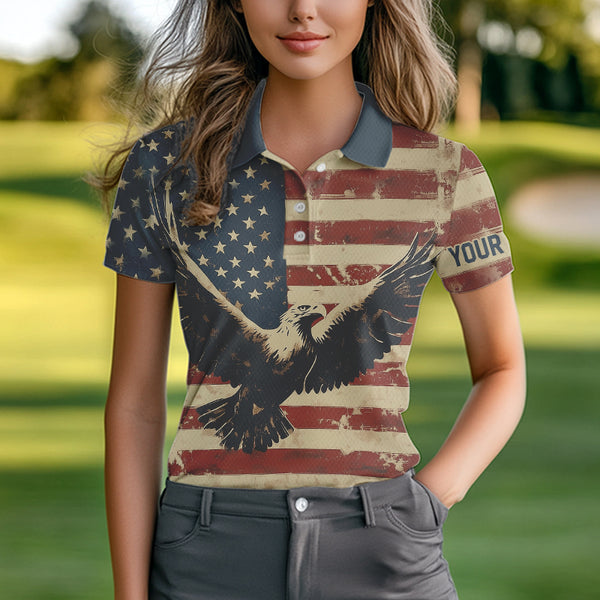 Personalized Vintage Eagle American flag Golf Polo Shirts For Women Custom Patriotic Ladies Golf shirt NQS9632