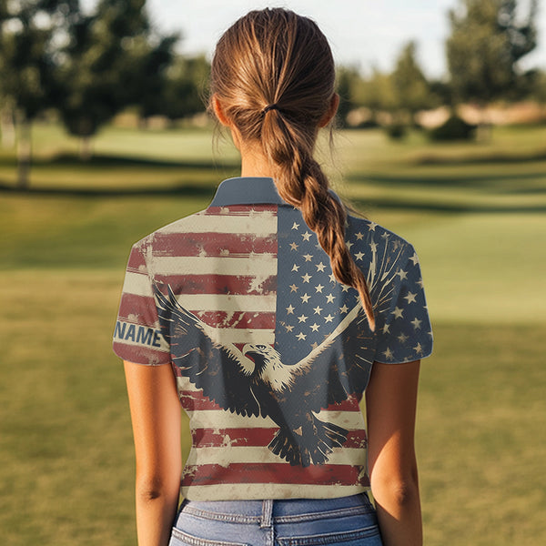 Personalized Vintage Eagle American flag Golf Polo Shirts For Women Custom Patriotic Ladies Golf shirt NQS9632