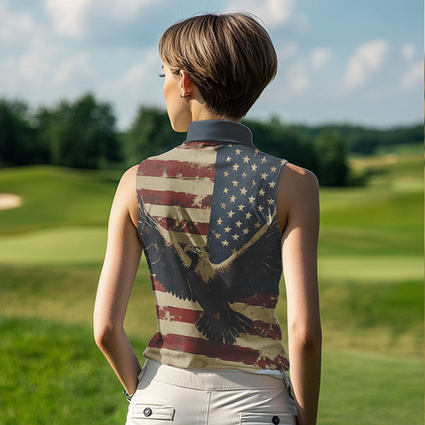 Personalized Vintage Eagle American flag Golf Sleeveless Polo Shirt Custom Patriotic Ladies Golf shirt NQS9632