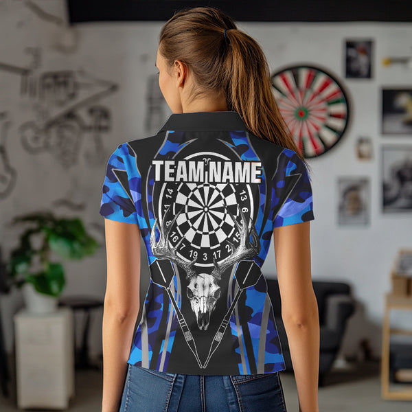 Deer Skull Darts Board Blue Camo Darts Polo, Quarter zip Shirts For Women Custom Team Darts Jersey NQS9635