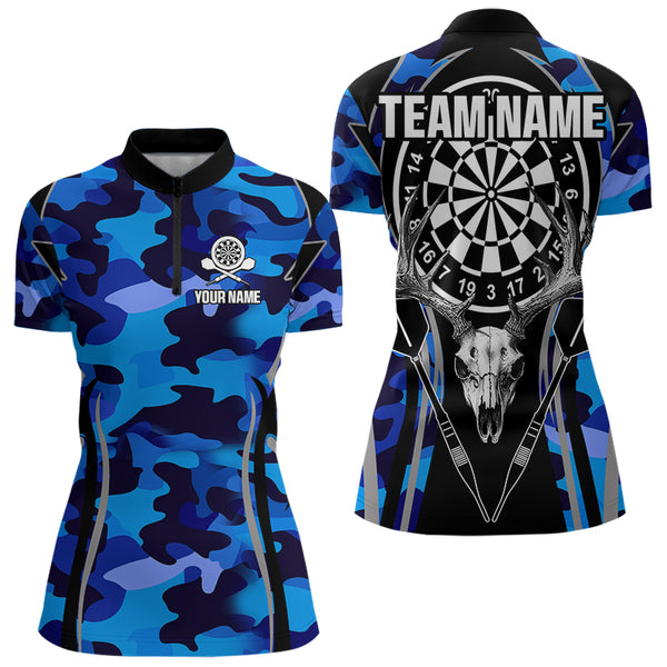Deer Skull Darts Board Blue Camo Darts Polo, Quarter zip Shirts For Women Custom Team Darts Jersey NQS9635