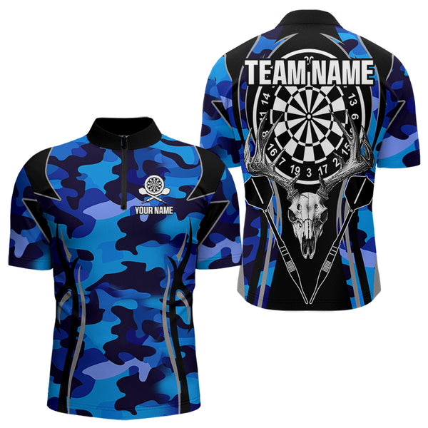 Deer Skull Darts Board Blue Camo Darts Polo, Quarter zip Shirts For Men Custom Team Darts Jersey NQS9635