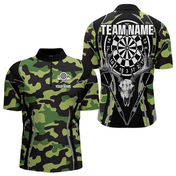 Deer Skull Darts Board Green Camo Darts Polo, Quarter zip Shirts For Men Custom Team Darts Jersey NQS9636
