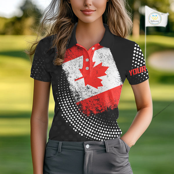 Personalized golf polo shirts for Women Vintage Canadian Flag Custom patriotic golf tops for ladies NQS9836