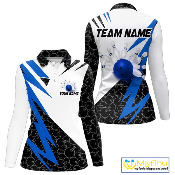 Black and White Bowling Polo, Quarter Zip Shirt for Women Custom Lightning Team bowling jerseys | Blue NQS9837