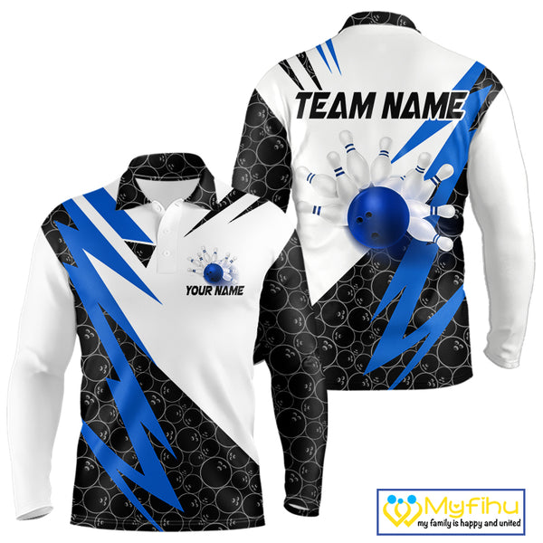 Black and White Bowling Polo, Quarter Zip Shirt for Men Custom Lightning Team bowling jerseys | Blue NQS9837