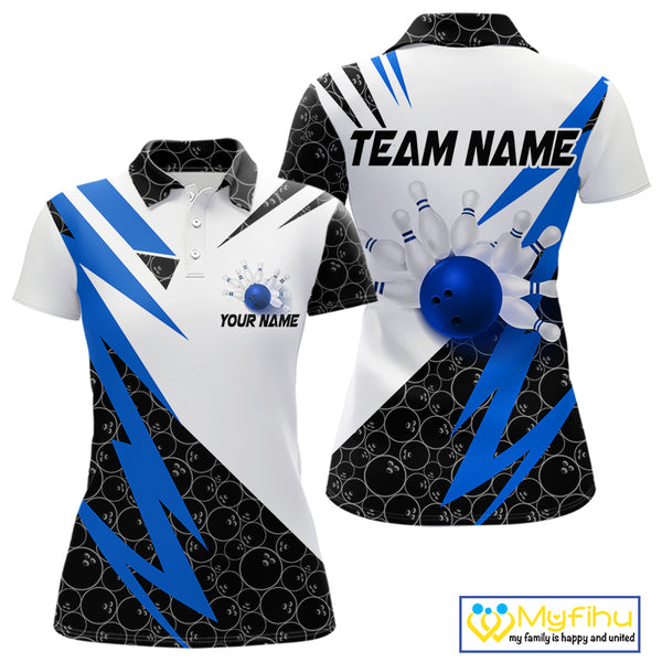 Black and White Bowling Polo, Quarter Zip Shirt for Women Custom Lightning Team bowling jerseys | Blue NQS9837