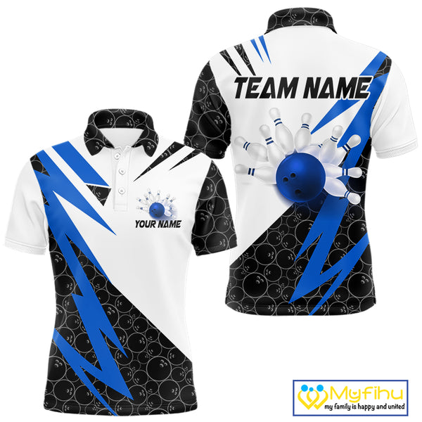 Black and White Bowling Polo, Quarter Zip Shirt for Men Custom Lightning Team bowling jerseys | Blue NQS9837