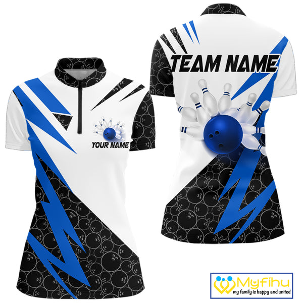 Black and White Bowling Polo, Quarter Zip Shirt for Women Custom Lightning Team bowling jerseys | Blue NQS9837