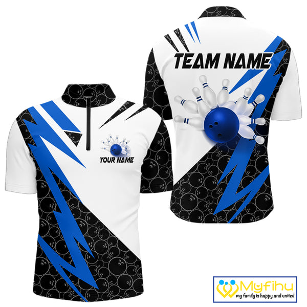 Black and White Bowling Polo, Quarter Zip Shirt for Men Custom Lightning Team bowling jerseys | Blue NQS9837