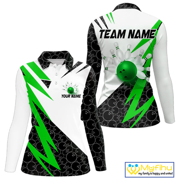 Black and White Bowling Polo, Quarter Zip Shirt for Women Custom Lightning Team bowling jersey | Green NQS9838