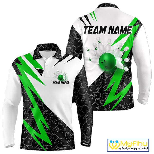Black and White Bowling Polo, Quarter Zip Shirt for Men Custom Lightning Team bowling jerseys | Green NQS9838