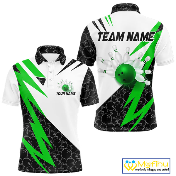 Black and White Bowling Polo, Quarter Zip Shirt for Men Custom Lightning Team bowling jerseys | Green NQS9838