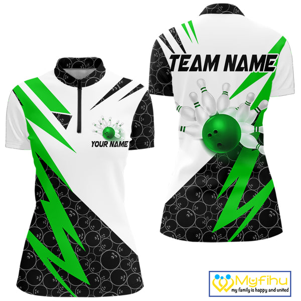 Black and White Bowling Polo, Quarter Zip Shirt for Women Custom Lightning Team bowling jersey | Green NQS9838