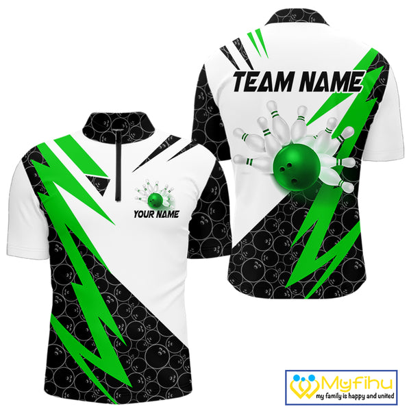 Black and White Bowling Polo, Quarter Zip Shirt for Men Custom Lightning Team bowling jerseys | Green NQS9838