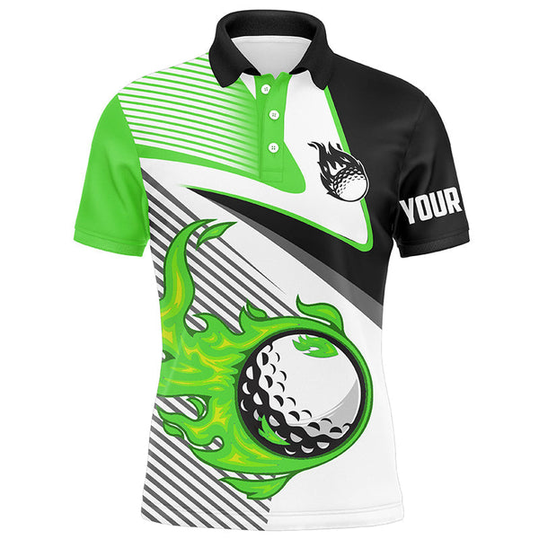 Mens golf polo shirts custom flame golf ball fire golf apparel for men, unique golf gifts | Green NQS7984