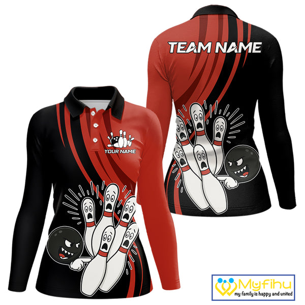 Funny Bowling ball and pins Black and Red Bowling Team Shirts For Women Custom Retro Bowling Jerseys NQS10225