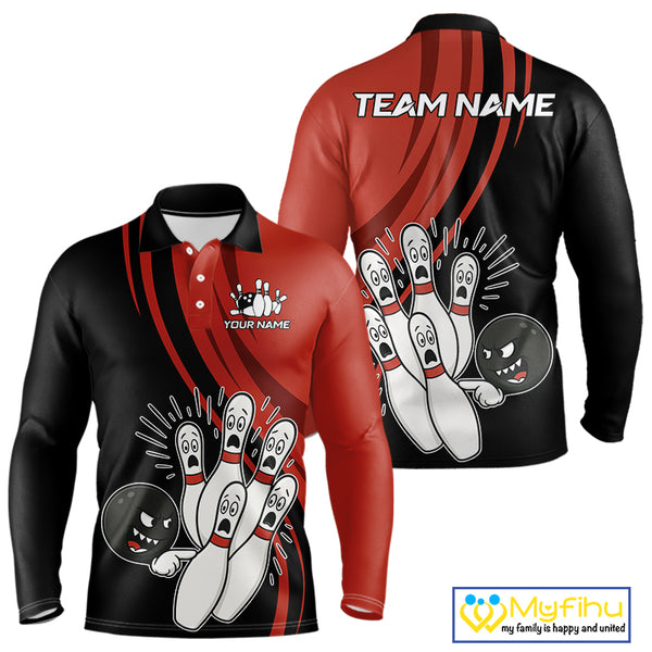 Funny Bowling ball and pins Black and Red Bowling Team Shirts For Men Custom Retro Bowling Jerseys NQS10225