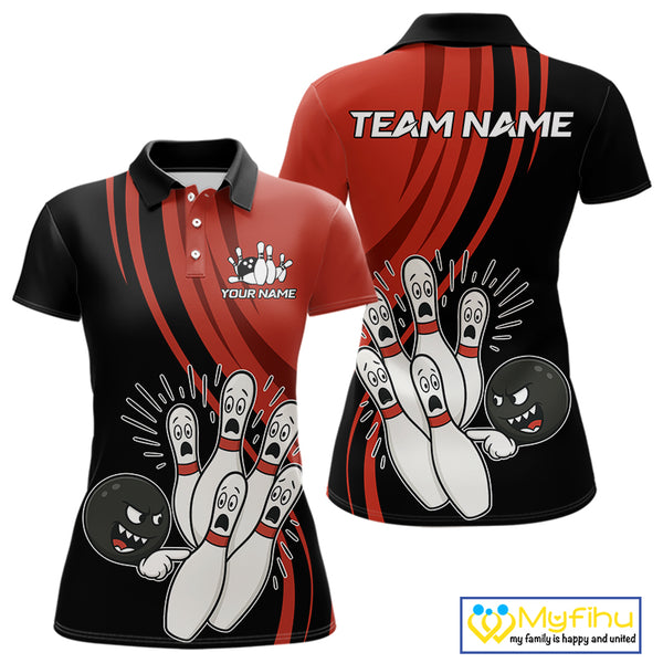 Funny Bowling ball and pins Black and Red Bowling Team Shirts For Women Custom Retro Bowling Jerseys NQS10225