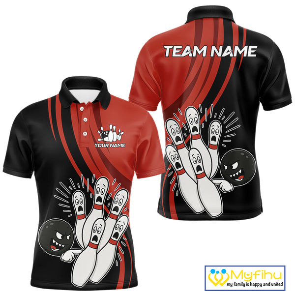 Funny Bowling ball and pins Black and Red Bowling Team Shirts For Men Custom Retro Bowling Jerseys NQS10225