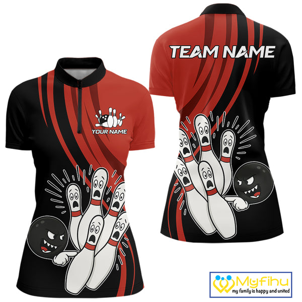 Funny Bowling ball and pins Black and Red Bowling Team Shirts For Women Custom Retro Bowling Jerseys NQS10225