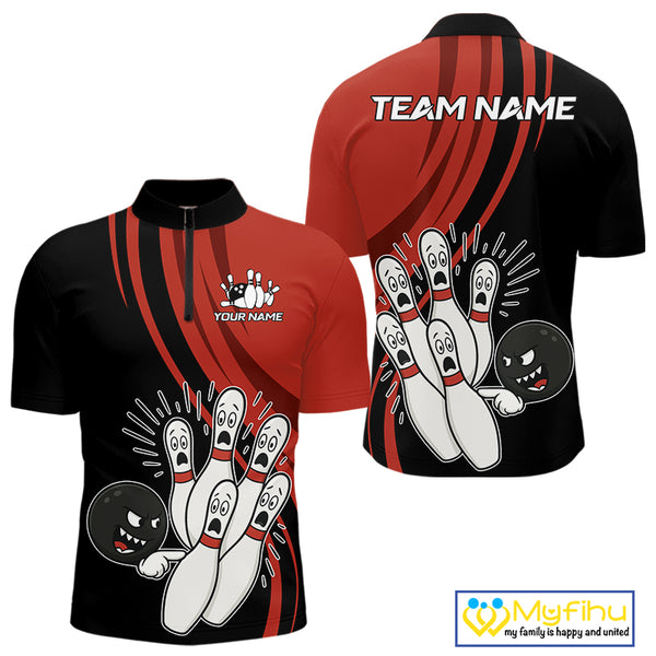 Funny Bowling ball and pins Black and Red Bowling Team Shirts For Men Custom Retro Bowling Jerseys NQS10225