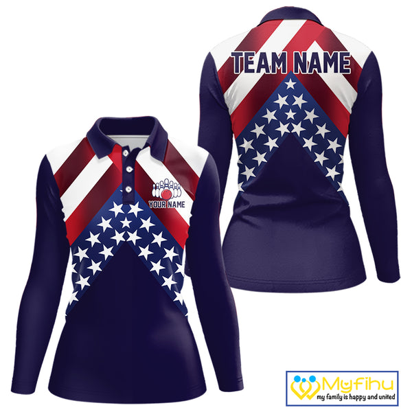 Red, White & Blue American Flag Women Bowling Shirts Custom Patriotic Team Bowling Jersey NQS10226