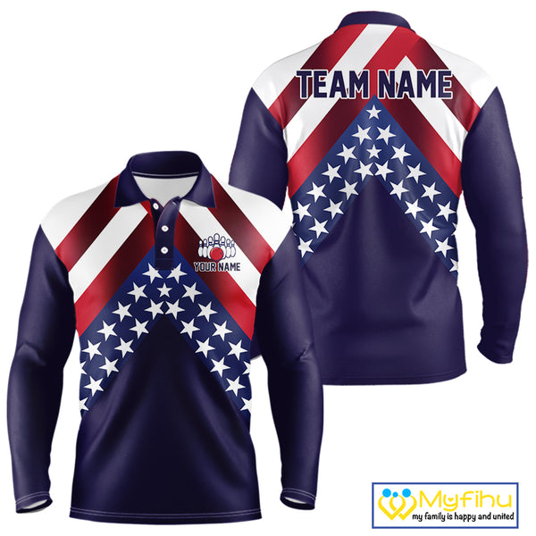 Red, White & Blue American Flag Mens Bowling Polo, 1/4 Zip Shirt Custom Patriotic Team Bowling Jersey NQS10226