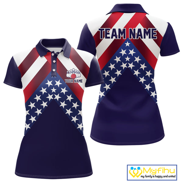 Red, White & Blue American Flag Women Bowling Shirts Custom Patriotic Team Bowling Jersey NQS10226