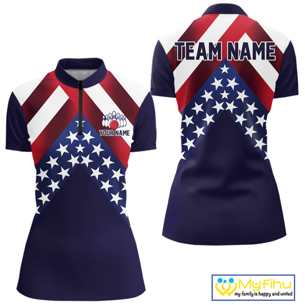 Red, White & Blue American Flag Women Bowling Shirts Custom Patriotic Team Bowling Jersey NQS10226