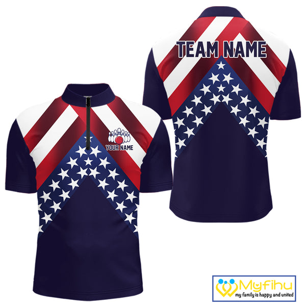 Red, White & Blue American Flag Mens Bowling Polo, 1/4 Zip Shirt Custom Patriotic Team Bowling Jersey NQS10226