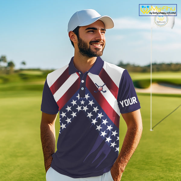 Red, White and Blue American Flag golf polo shirts for men Custom Patriotic mens golf outfit NQS10227