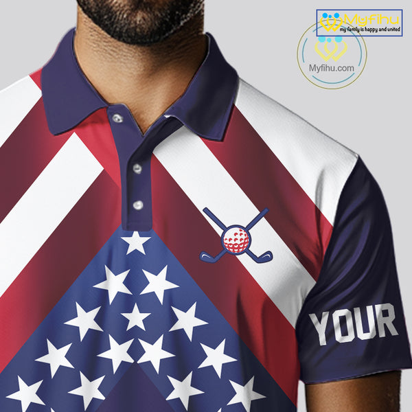 Red, White and Blue American Flag golf polo shirts for men Custom Patriotic mens golf outfit NQS10227
