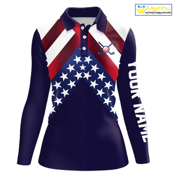Red, White and Blue American Flag golf polo shirts for Women Custom Patriotic ladies golf outfit NQS10227