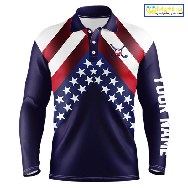 Red, White and Blue American Flag golf polo shirts for men Custom Patriotic mens golf outfit NQS10227