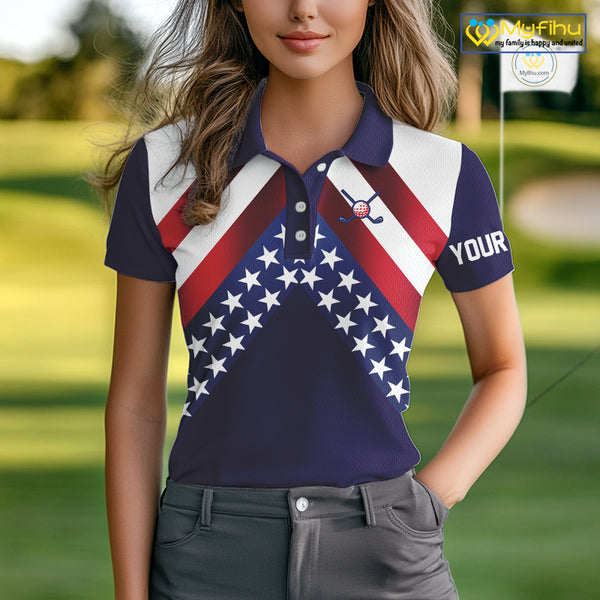 Red, White and Blue American Flag golf polo shirts for Women Custom Patriotic ladies golf outfit NQS10227