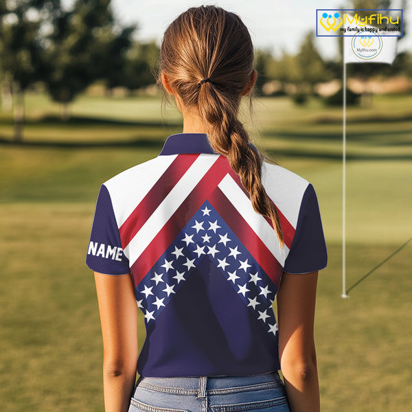 Red, White and Blue American Flag golf polo shirts for Women Custom Patriotic ladies golf outfit NQS10227