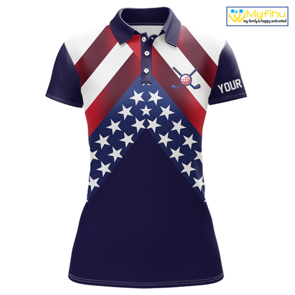 Red, White and Blue American Flag golf polo shirts for Women Custom Patriotic ladies golf outfit NQS10227