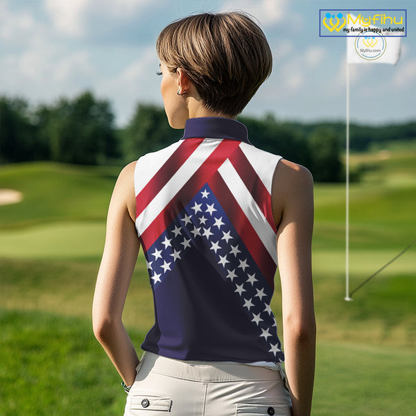 Red, White and Blue American Flag sleeveless golf polo shirts Custom Patriotic ladies golf outfit NQS10227