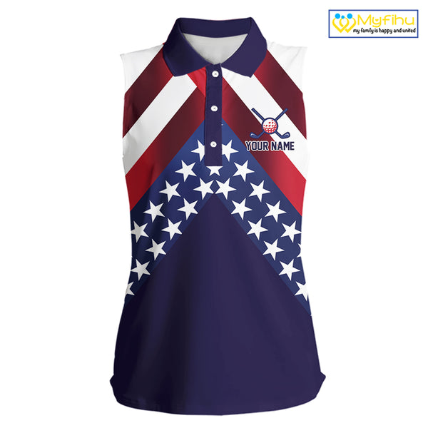 Red, White and Blue American Flag sleeveless golf polo shirts Custom Patriotic ladies golf outfit NQS10227